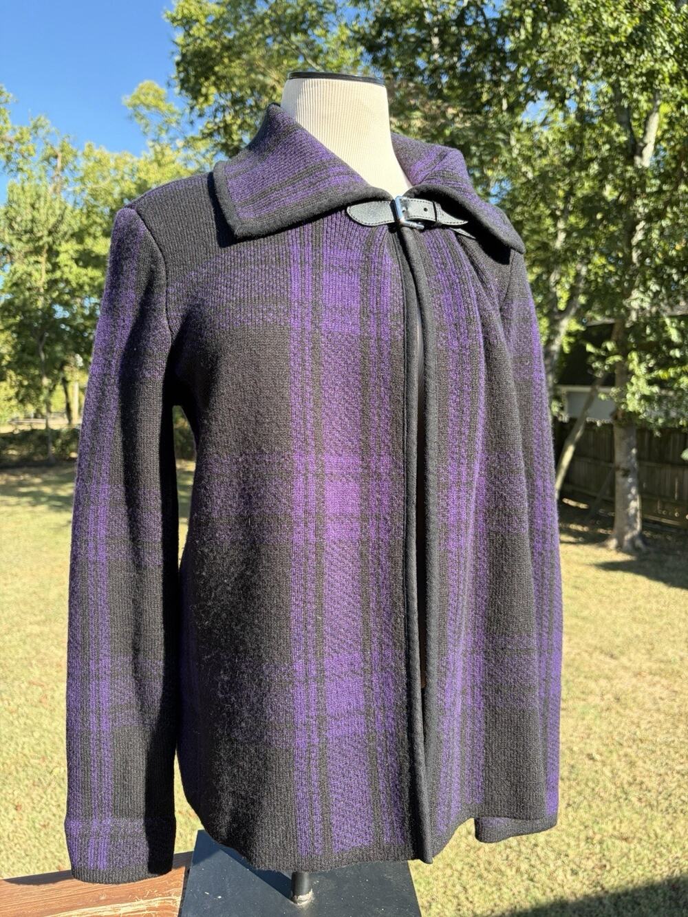 Ralph Lauren Black Purple Plaid Buckle Cardigan Lambswool Medium Dark Academia